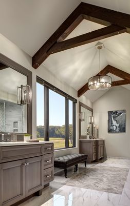 Bathroom, Dual Sink Vanities, Free Standing Baths, Interior, Marble, Pendant Lights, Wooden Beams