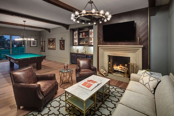Billiard Table, Chandelier, Fireplace, Game Room, Interior, Living room, Pendant Lights, Wood Texture Flooring