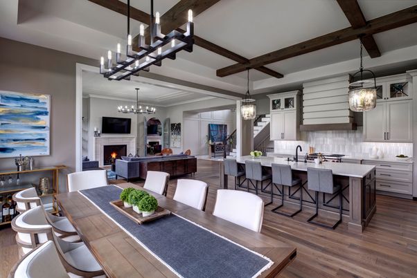 Chandelier, Dining room, Fireplace, Interior, Kitchen, Living room, Pendant Lights, Wooden Beams, Wood Texture Flooring