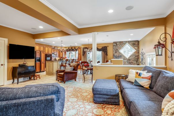 Dining room, Interior, Kitchen, Living room, Recessed Lighting, Stone Walls