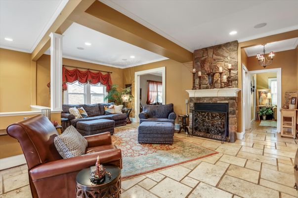 Chandelier, Fireplace, Interior, Living room, Recessed Lighting, Stone Walls