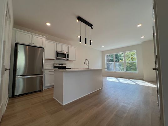 Interior, Kitchen, Pendant Lights, Recessed Lighting, Stainless Steel Appliances, Wood Texture Flooring