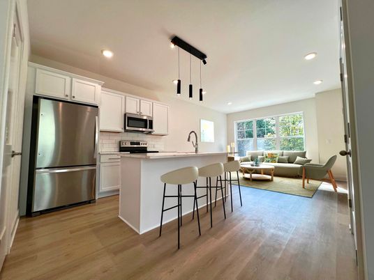 Interior, Kitchen, Living room, Pendant Lights, Recessed Lighting, Stainless Steel Appliances, Wood Texture Flooring