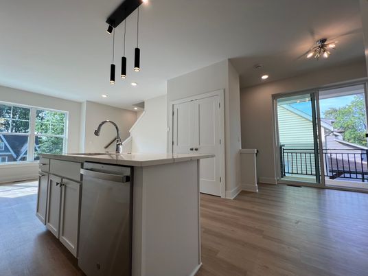 Interior, Kitchen, Pendant Lights, Recessed Lighting, Wood Texture Flooring