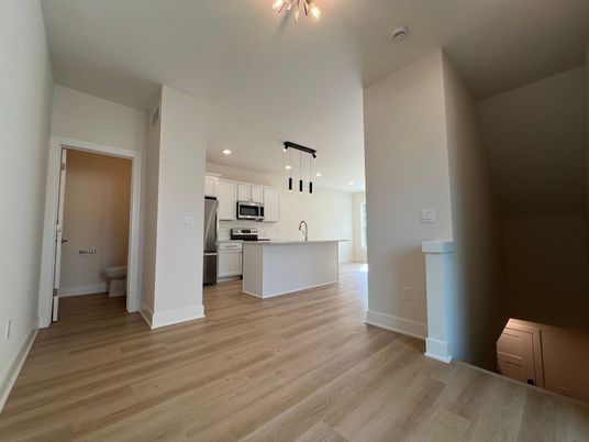Interior, Kitchen, Pendant Lights, Recessed Lighting, Stainless Steel Appliances, Wood Texture Flooring