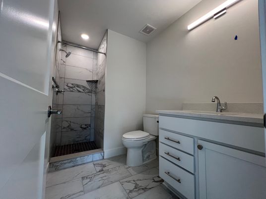 Bathroom, Glass Shower, Interior, Marble, Marble Walls, Recessed Lighting