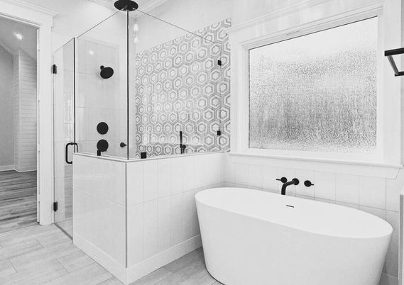 Bathroom, Free Standing Baths, Glass Shower, Interior, Recessed Lighting, Wood Texture Flooring