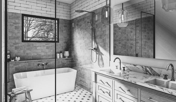 Bathroom, Dual Sink Vanities, Free Standing Baths, Glass Shower, Interior, Stone Walls