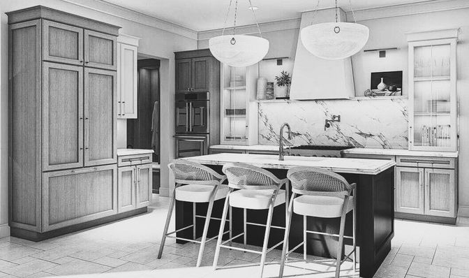 Interior, Kitchen, Marble Walls, Pendant Lights