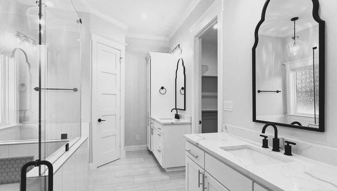 Bathroom, Dual Sink Vanities, Glass Shower, Interior, Pendant Lights, Recessed Lighting