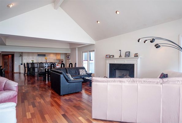 Dining room, Fireplace, Interior, Kitchen, Living room, Recessed Lighting, Wood Texture Flooring