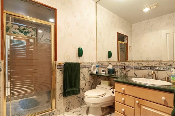 Bathroom, Glass Shower, Interior, Marble, Marble Walls, Recessed Lighting