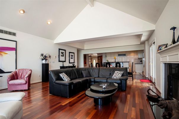 Fireplace, Interior, Kitchen, Living room, Recessed Lighting, Wood Texture Flooring