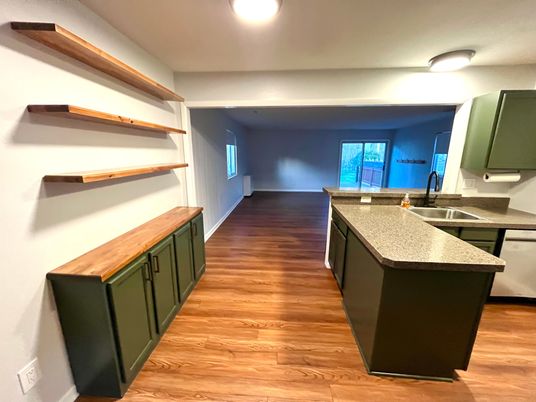 Interior, Kitchen, Recessed Lighting, Wood Texture Flooring