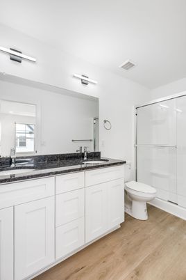 Bathroom, Dual Sink Vanities, Glass Shower, Interior, Wood Texture Flooring