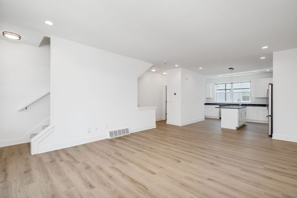 Empty room, Interior, Kitchen, Recessed Lighting, Wood Texture Flooring