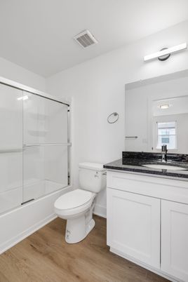 Bathroom, Glass Shower, Interior, Wood Texture Flooring