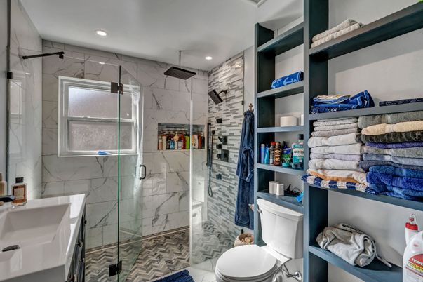 Bathroom, Glass Shower, Interior, Marble Walls, Recessed Lighting