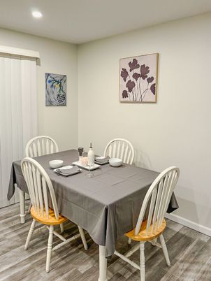 Dining room, Interior, Recessed Lighting, Wood Texture Flooring