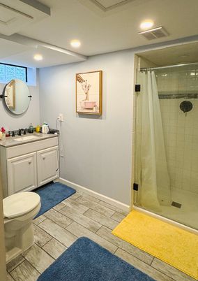 Bathroom, Glass Shower, Interior, Recessed Lighting, Wood Texture Flooring