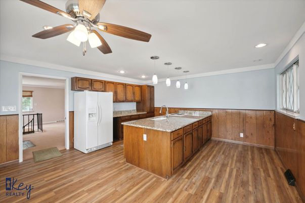 Interior, Kitchen, Pendant Lights, Recessed Lighting, Wood Texture Flooring
