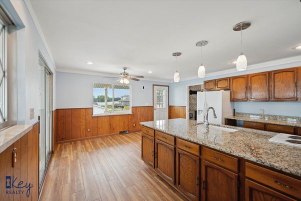 Interior, Kitchen, Pendant Lights, Recessed Lighting, Wood Texture Flooring