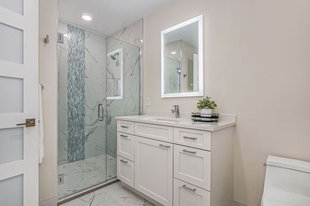 Bathroom, Glass Shower, Interior, Marble, Marble Walls, Recessed Lighting