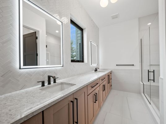Bathroom, Dual Sink Vanities, Glass Shower, Interior, Recessed Lighting