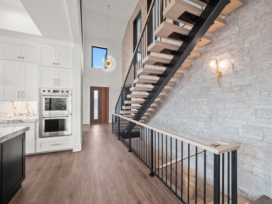 Interior, Kitchen, Pendant Lights, Stainless Steel Appliances, Stone Walls, Wood Texture Flooring