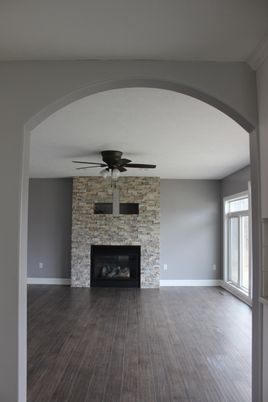 Empty room, Fireplace, Interior, Stone Walls, Wood Texture Flooring