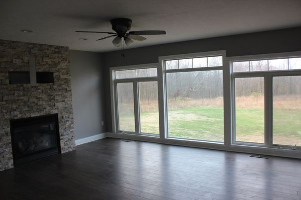 Empty room, Fireplace, Interior, Stone Walls, Wood Texture Flooring