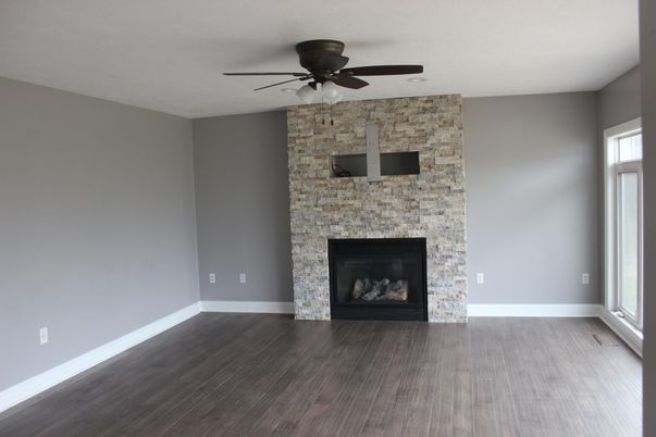 Empty room, Fireplace, Interior, Stone Walls, Wood Texture Flooring