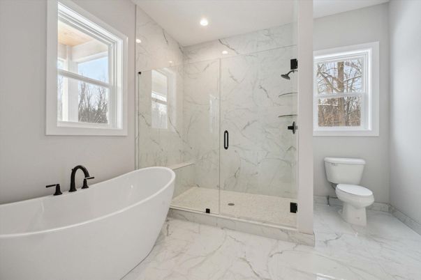 Bathroom, Free Standing Baths, Glass Shower, Interior, Marble, Marble Walls, Recessed Lighting