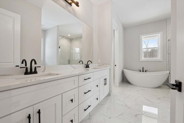 Bathroom, Dual Sink Vanities, Free Standing Baths, Interior, Marble, Marble Walls, Recessed Lighting