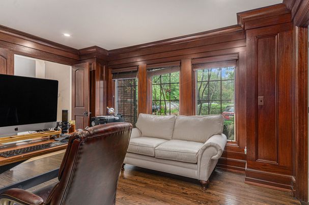 Home Office, Interior, Recessed Lighting, Wood Texture Flooring, Wooden Walls