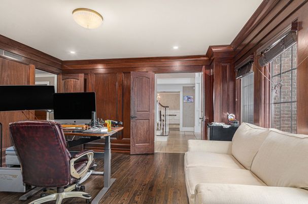 Home Office, Interior, Recessed Lighting, Wood Texture Flooring, Wooden Walls