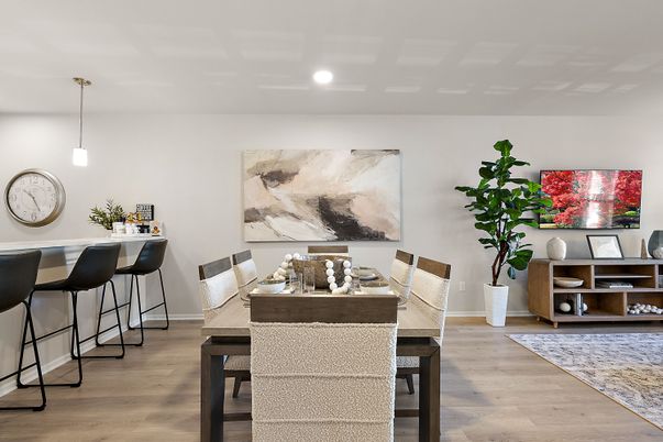 Dining room, Interior, Pendant Lights, Recessed Lighting, Wood Texture Flooring