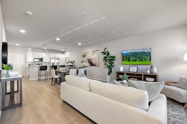 Dining room, Interior, Kitchen, Living room, Recessed Lighting, Stainless Steel Appliances, Wood Texture Flooring
