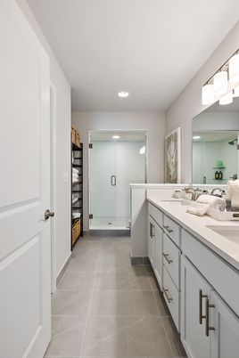 Bathroom, Dual Sink Vanities, Glass Shower, Interior, Recessed Lighting