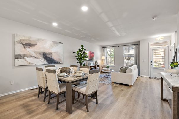 Dining room, Interior, Living room, Recessed Lighting, Wood Texture Flooring