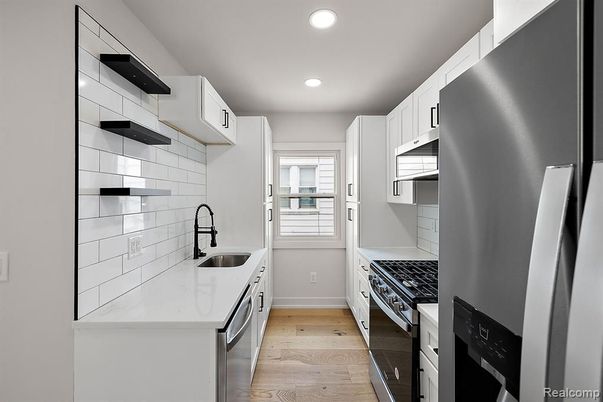 Interior, Kitchen, Recessed Lighting, Stainless Steel Appliances, Wood Texture Flooring