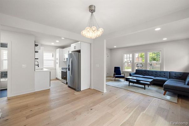 Interior, Kitchen, Living room, Pendant Lights, Recessed Lighting, Stainless Steel Appliances, Wood Texture Flooring