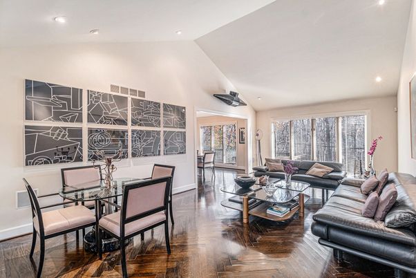 Dining room, Interior, Living room, Recessed Lighting, Wood Texture Flooring
