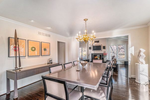 Chandelier, Dining room, Fireplace, Interior, Recessed Lighting, Wood Texture Flooring