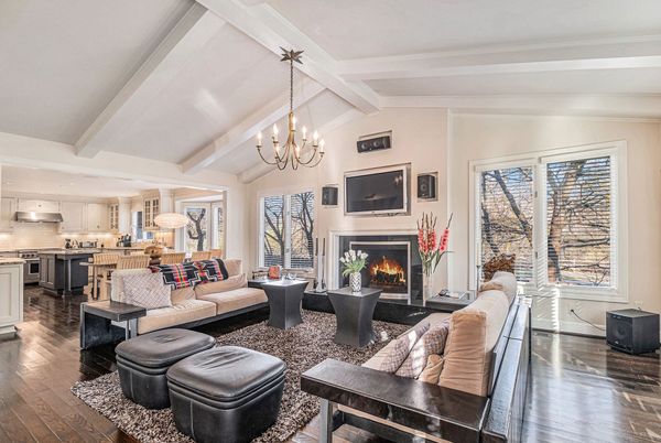 Chandelier, Fireplace, Interior, Kitchen, Living room, Stainless Steel Appliances, Wood Texture Flooring