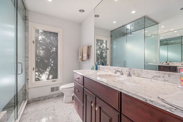 Bathroom, Glass Shower, Interior, Marble, Recessed Lighting
