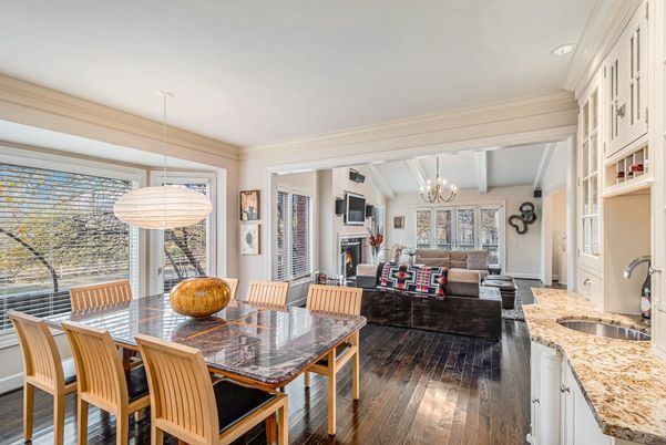 Chandelier, Dining room, Fireplace, Interior, Living room, Pendant Lights, Wood Texture Flooring