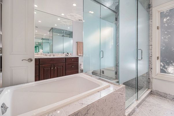 Bathroom, Glass Shower, Interior, Marble, Recessed Lighting