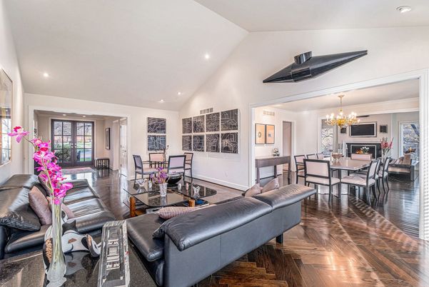Chandelier, Dining room, Fireplace, Interior, Living room, Recessed Lighting, Wood Texture Flooring