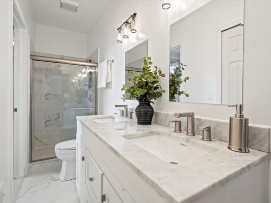 Bathroom, Dual Sink Vanities, Glass Shower, Interior, Marble, Marble Walls